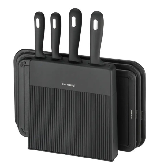 8 daļu nažu un griešanas dēļu komplekts ar organizatoru, melns, nerūsējošais tērauds, Klausberg, KB