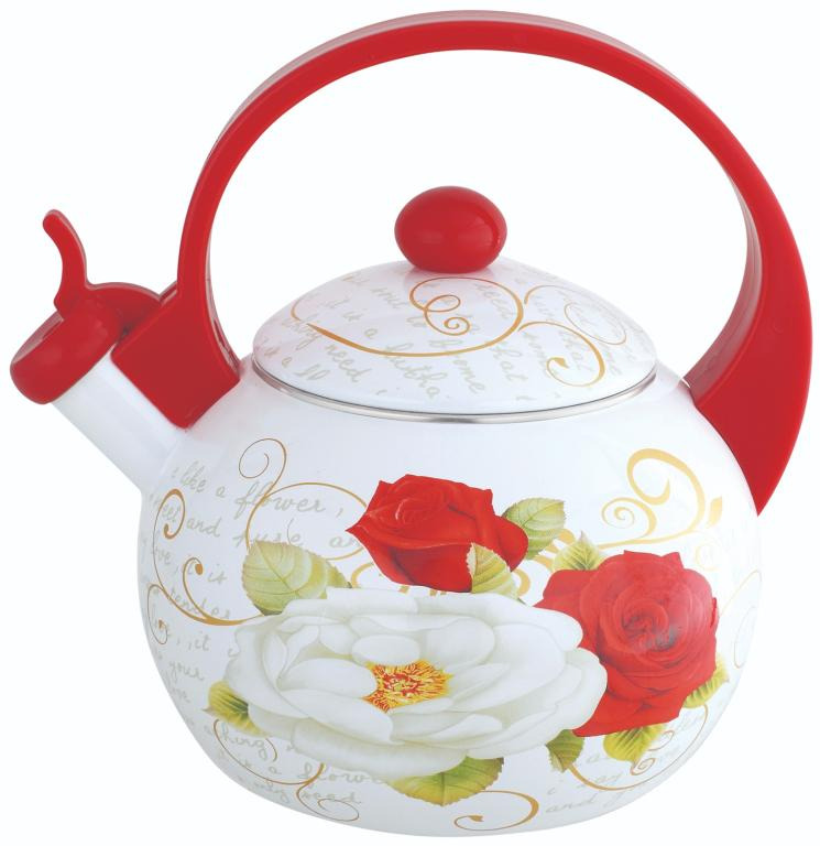 Tējkanna ar svilpīti, emaljēts tērauds, sarkans ar baltu rožu rakstu, 2 l, KINGHoff, KH 1910