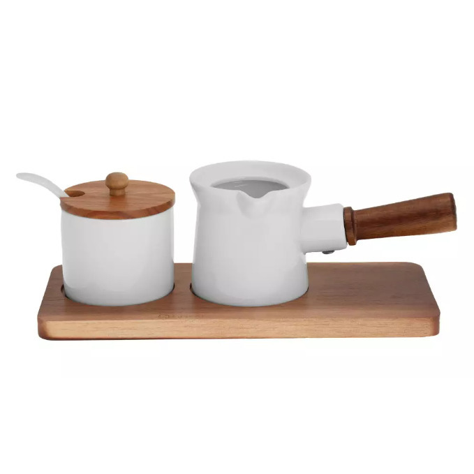 Komplekts cukurtrauks un piena trauks, porcelāns - akācijas koks, Kassel. 23 cm x 10 cm x 1,2 cm.